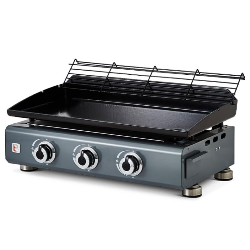 BRASERO - Plancha Silvia II G 3 Feux Gris métallisé Brasero - 3 brûleurs - Plaque acier émaillée de 67 x 34 cm - Grille de réchauffement - Tiroir graisse - Jusqu'à 10 convives - 7,5 kW