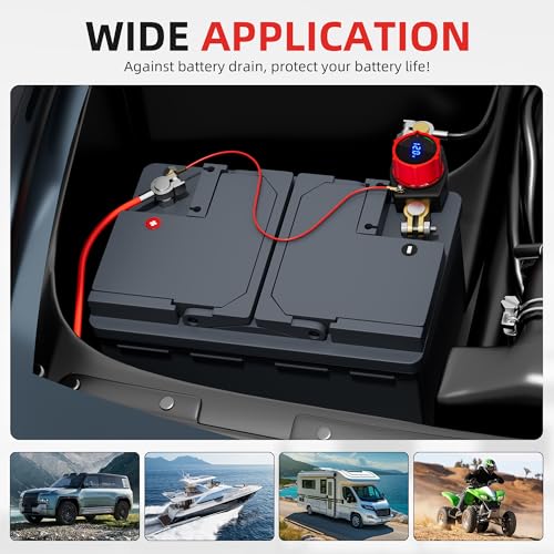 Image of Joinfworld Top Post Battery Disconnect Switch 12V-48V with Led Voltmeter, DC 5-60V Battery Kill Switch Negative On /Off Battery Cut Off Switch for Marine, Cars, Vehicles, RVs and Boats