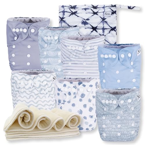 Image of Nora's Nursery Cloth Diapers 7 Pack with 7 Inserts & 1 Wet Bag - Waterproof Cover, Washable, Reusable & One Size Adjustable Pocket Diapers for Newborns and Toddlers - Something Blue