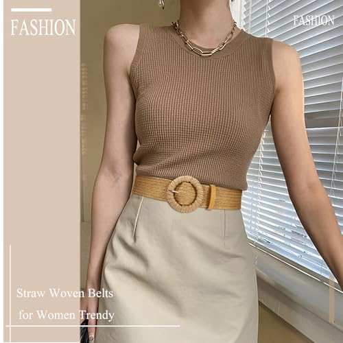Image of Straw Woven Elastic Belt for Women Stretchy Belts for Dress Fashion Boho Waist Belt Rattan Raffia Ladies Belts