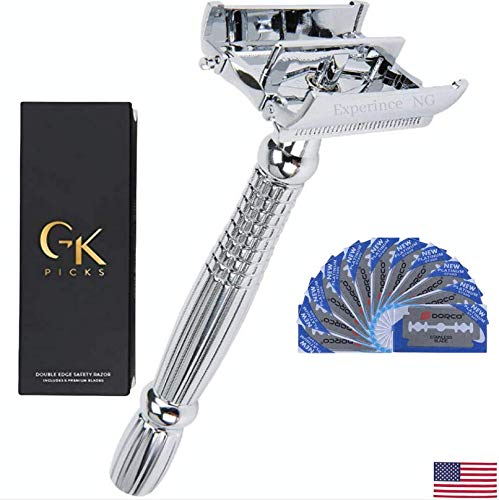 GK Picks  Premium Long Handle Butterfly Razor Double Edge Traditional Safety Razor includes 10 Blades  Designed in the USA - Clean, Close, Shave