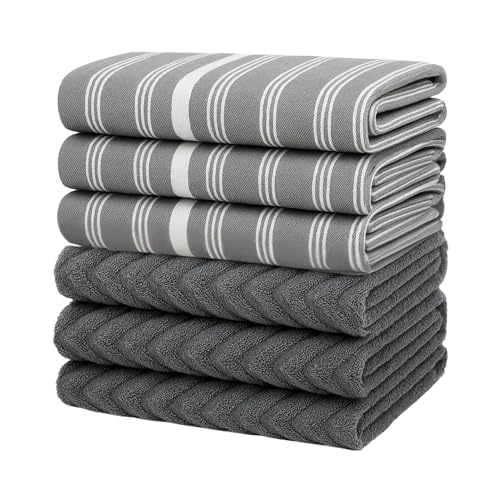 ATEN Homeware Egyptian Cotton Multipurpose 6 Pack Kitchen Towels Set, 3 Tea towels 50 x 70 cm & 3 Soft Hand Towels for Kitchen 50 x 50 cm - Highly Absorbent, Quick Dry, Made in Egypt (Grey)