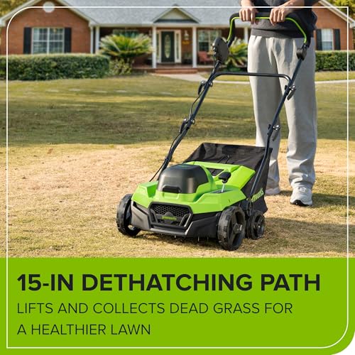 Image of Greenworks 40V 15-Inch 2-in-1 Dethatcher & Scarifier, 5.0Ah Battery & Rapid Charger Included, Brushless Motor, 5-Position Depth Adjustment