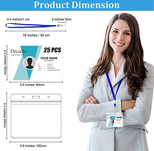 25Pcs Clear Plastic Horizontal Name Tags Badge ID Card Holders and 25Pcs Flat Neck Lanyards, Blue