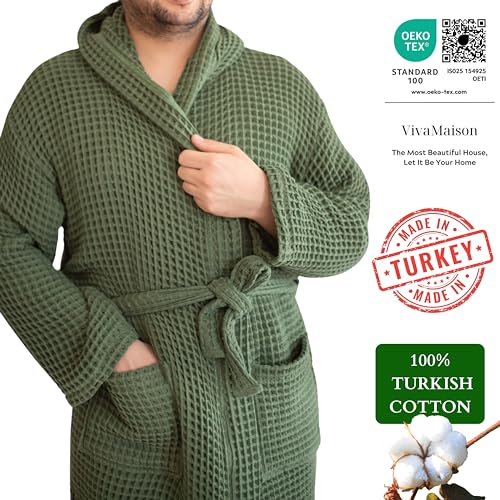 100% Turkish Cotton Men's Waffle Robe with Hooded, Premium Soft Cozy Housecoat or Quick-Dry Bathrobe for Mens4