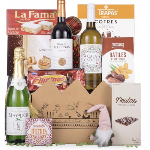 Cesta de Navidad Gourmet | Lote Vino Tinto, Blanco, Sidra Asturiana, Neulas Tradicionales, Pasas Sultanas, Hummus Rojo, Dátiles y Bombones Trapa de Chocolate | Caja Regalo Elegante ENOVINOS