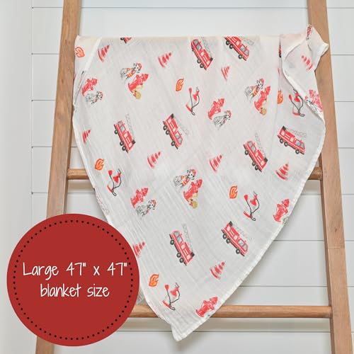 Image of LollyBanks Muslin Swaddle Blanket, 100% Muslin Cotton Swaddle Blankets for Baby Boys, 47 X 47 Inches Soft and Cozy Blankets for Newborn Baby, Newborn Essential, Registry (Fireman Dog Print)