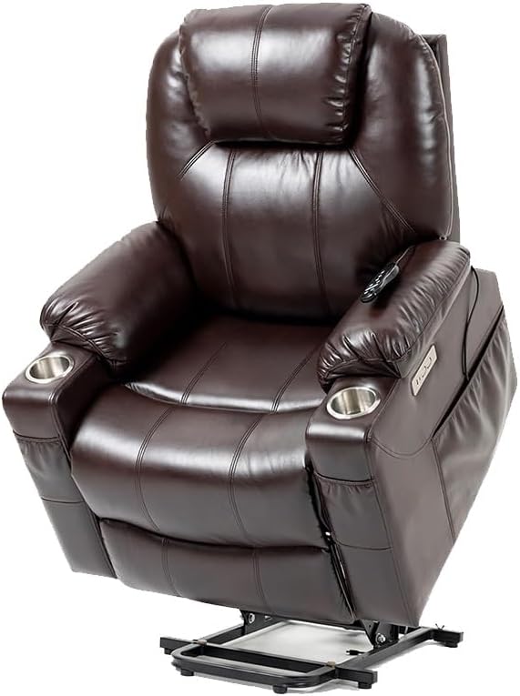 Genuine Leather Electric Lift Recliner Chair with Massage Side Pockets Cup Holders USB Ports Home Theater Lounge Reclining Sofa Brown Large Adults Single Seat