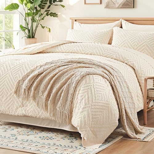 Image of Zzlpp Queen Comforter Set 7 Pieces, Cream Tufted Bed in a Bag with Comforter and Sheets, All Season Boho Bedding Sets with 1 Comforter, 2 Pillow Shams, 2 Pillowcases, 1 Flat Sheet, 1 Fitted Sheet