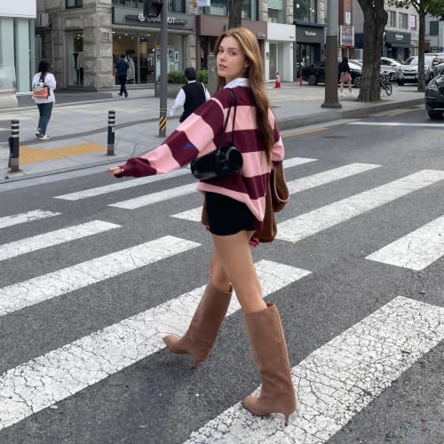 Image of DOBOYG Knee High Suede Boots for Women Wide Calf Square Toe Tall Boots | Stiletto High Heels Pull On Fashion Long Booties