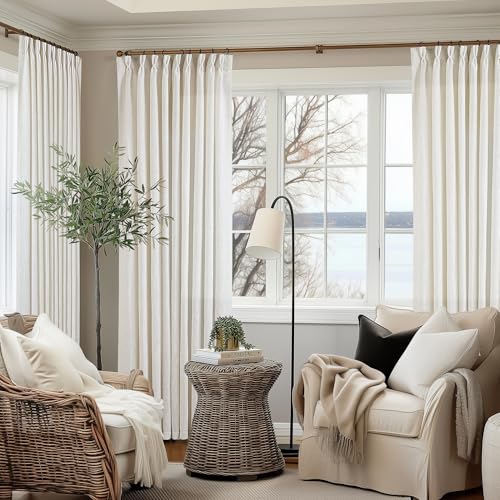 Image of Extra Wide 60 Inch Width Pinch Pleated Curtains 90 Inch Length for Living Room Thick Linen Boho Curtain Memory Shape Light Filtering Privacy for Bedroom Large Windows Hooks Rings Cream 1 Panel 60x90