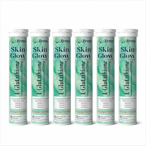 Image of Bio Renza Skin Glow L-Glutathione 600mg Effervescent Tablets | Vitamin C, Hyaluronic Acid, Vitamin E & A | Skin Brightening & Detox Support | Orange Flavour | 15 Tablets (Pack of 6)