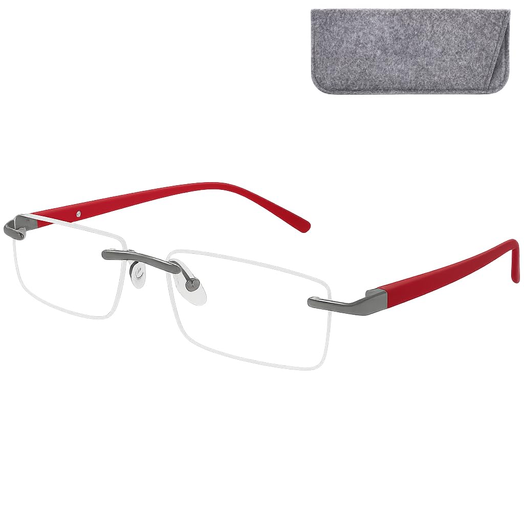 Randlose Blaulichtfilter Brille – Rechteckige Gläser, Edelstahlrahmen, Leichte & Stilvolle Blaufilter Lesebrille für Damen & Herren mit Etui