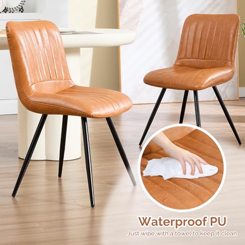 Image of Dining Chairs Set of 2, Modern Dining Chairs with Thick Cushions, PU Leather Upholstered Kitchen Dining Room Chairs with Metal Legs for Dining Living Room (Caramel)