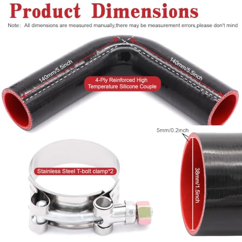 Image of 90 Degree Elbow Coupler Silicone Hose 4-Ply 1.5-inch(38mm) for Turbo /Intercooler /Intake Piping,Length 120mm Thickness 5mm with T-Bolt Clamp