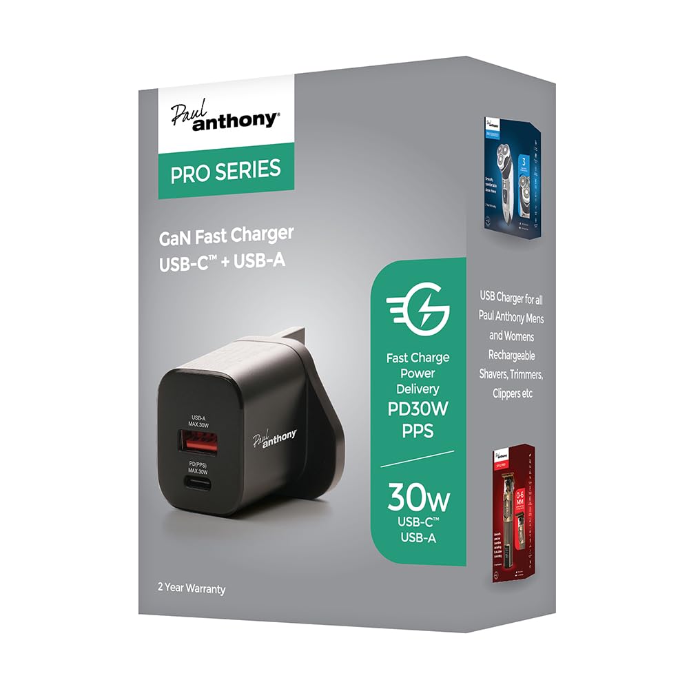 Paul Anthony Dual Port, USB-C + USB-A GaN PD30W Fast Charger for use with Mens and Womens Paul anthony Shavers, Trimmers and Clippers - H9801BK
