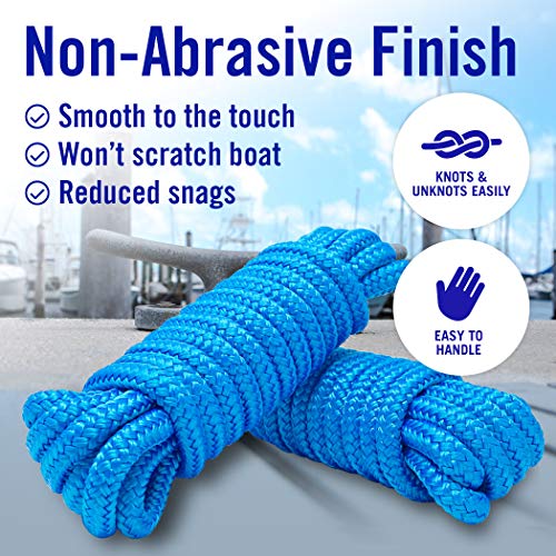 Image of Dock Lines for Boats 3 /8 inch x 15ft, 2 Pack Double Braided Nylon Boat Rope | 12 inch Loop, Marine Grade Mooring Line for Docking, Blue, Better Boat