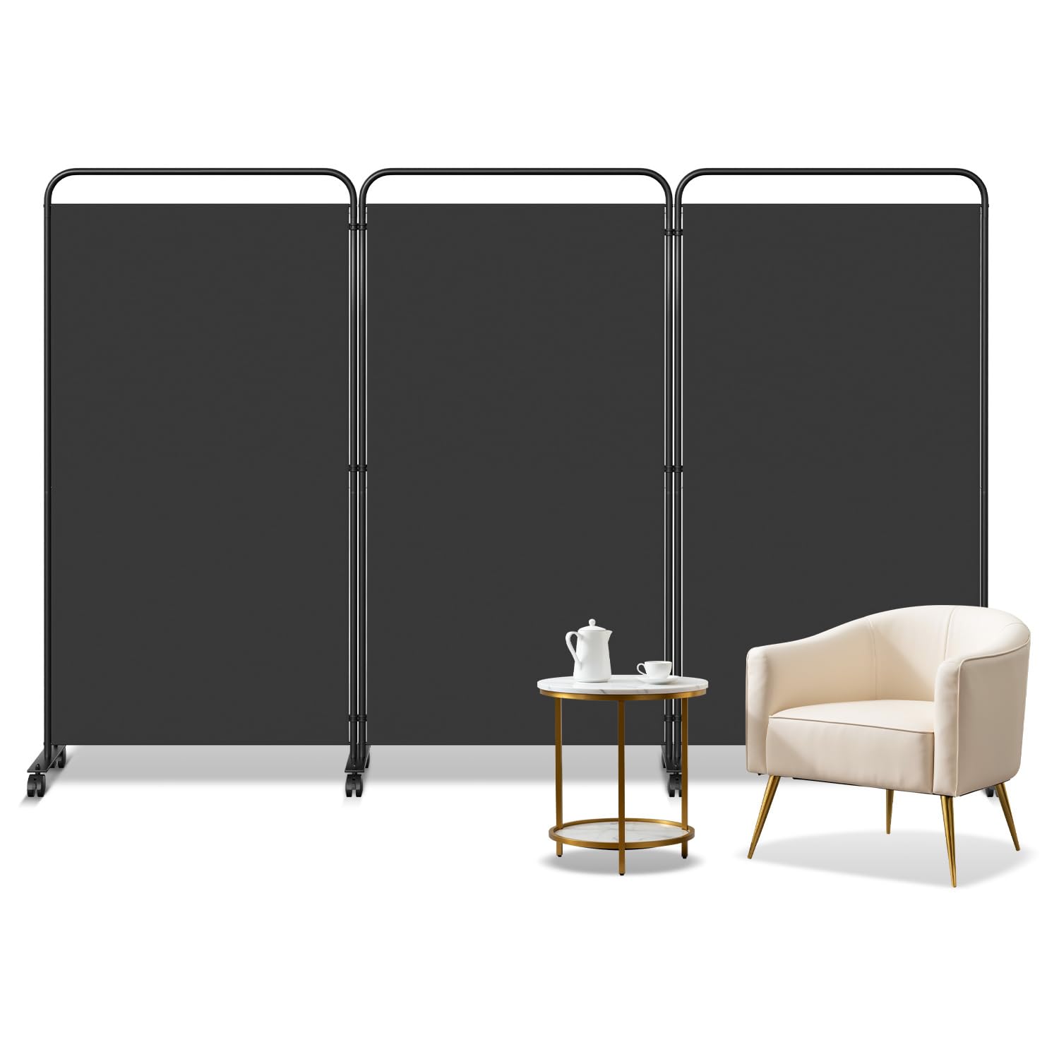Biombo biombo con ruedas, 3 piezas, plegable, 263 x 180 x 30 cm, para oficinas y balcones, separador de privacidad de fibra de poliéster, forma de arco, antracita