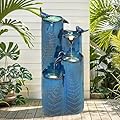 Autodaya 32" H Ceramic Outdoor Water Fountain, 4-Tier Tropical Cascading Waterfall with LED, Turquoise Glaze & Embossed Fern Pattern, Bird-Attracting Water Feature for Garden Patio Yard & Porch Decor