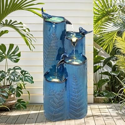 Autodaya 32" H Ceramic Outdoor Water Fountain, 4-Tier Tropical Cascading Waterfall with LED, Turquoise Glaze & Embossed Fern Pattern, Bird-Attracting Water Feature for Garden Patio Yard & Porch Decor