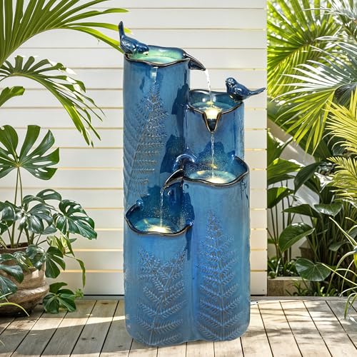 Autodaya 32' H Ceramic Outdoor Water Fountain, 4-Tier Tropical Cascading Waterfall with LED, Turquoise Glaze & Embossed Fern Pattern, Bird-Attracting Water Feature for Garden Patio Yard & Porch Decor