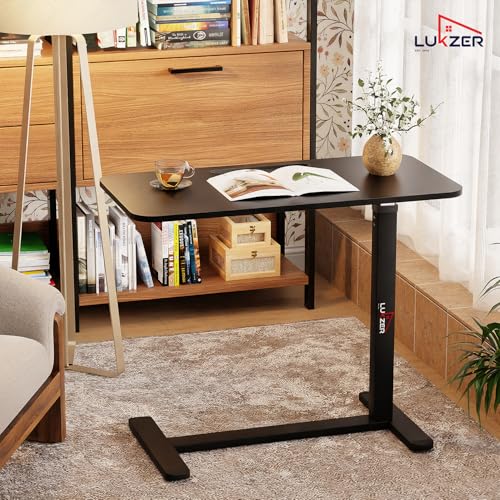 Image of Lukzer MST-002 Black Frame Black Top Overbed Table with Wheels | Adjustable Height Laptop Desk for Bed & Sofa | Rolling Bedside Table for Home, Hospital & Office (40x80x95 cm)