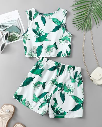 Image of YOURUIKEY Girls Summer Outfits Cute Clothes for Kids Hawaiian Beach Sleeveless Floral Crop Top Shorts Tween Girl Clothing Set