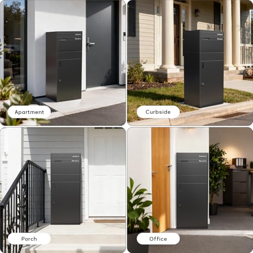Image of Merapi Package Delivery Box for Porch, Lockable Outdoor Parcel Drop Box with Rear Access Door, Large Capacity Package Box for Packages, Heavy Duty Steel, Weather Resistant, Easy Setup