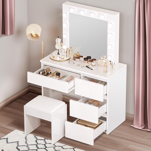 YITAHOME Dressing Table with Mirror and Stool, Hollywood LED Light up Mirror with Adjustable Brightness (3 Colors), White Makeup Table Organizer with 4 Drawers Vanity Desk for Women Girls Bedroom