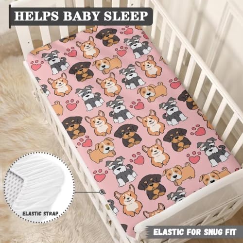 Image of Pink Baby Sheets for Crib Puppy Dog Nursery Bed Sheets for Cribs Removable Mattress Pad Nursery Decor for Girls Boys Birthday Gifts Diaper Changing Pad