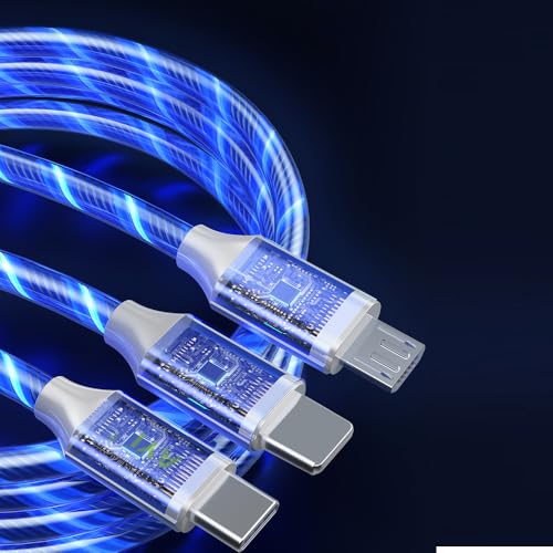 Image of AYI 6 in 1 USB LED Charging Cable, 39in Dynamic Flowing Light Cord, Flexible PVC Tangle-Free Wire, Smart Chip with Trickle Charge, Universal Data Sync Cable for Phones, Tablets, and More, Blue.