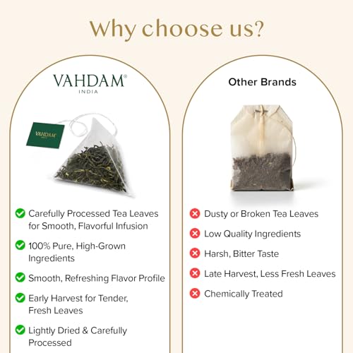 Image of VAHDAM, Decaf Himalayan Green Tea Bags (100 Pyramid Tea Bags) Caffeine Free, Gluten Free | High Grown Decaf Green Tea | Resealable Ziplock Pouch | Pyramid Tea Bags