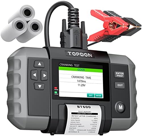 Car Battery Tester, TOPDON BT600 12V Battery Tester, 12V/24V Cranking Tests and Charging Tests, Alternator Load Testers, 100-2000CCA Digital Battery Voltage Tester, 3.5" Screen with Built-in Printer
