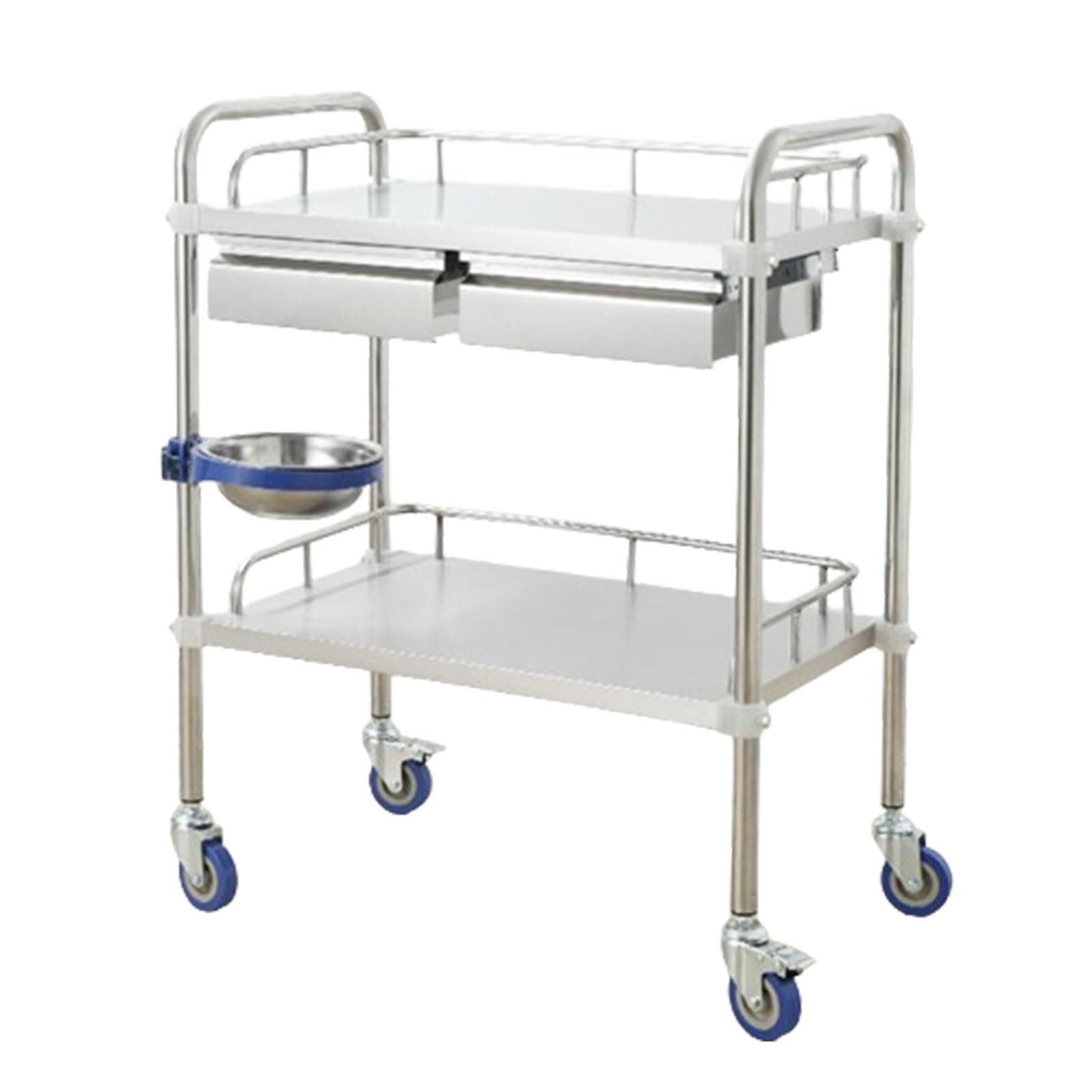 Lab Utility Cart, Stainless Steel Medical Cart with Two Drawers, Sturdy Stainless Steel Frame Lab Trolley, 360° Silent Rolling Wheels W/Foot Brake for Lab Clinic Salon(Double layer,66 * 44 * 86cm)