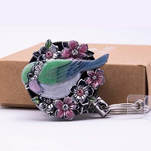 Laraine Badge Reel Holder Retractable Metal Clip Id Card & Key Holders Carabiner Rhinestones Pearl Bird Shape 1.7” (Bird) #TOP5