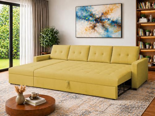 Image of Emilio 6 Seater LHS L - Shape Pull-Out Sofa Cum Bed Sofa for Living Room (Yellow Fabric Color) Premium Fabric Sofa Set for Living Room Sofa Cum Bed