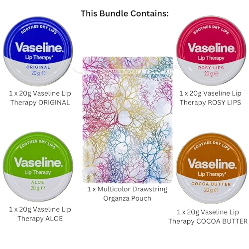 Lip Balm 4 X 20g (Rosy Lips, Cocoa Butter, Aloe, Original) Lip Balm Set Bundle with Glameno Drawstring Organza Bag - Image 2