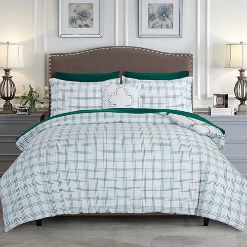 Image of Elegant Comfort 8-Piece Lodge Plaid Reversible Comforter Set-All Season Bed in a Bag, 4-Piece Sheet Set Featuring Smart Pockets,Matching Shams and Decorative Pillow,King /California King, Emerald Green