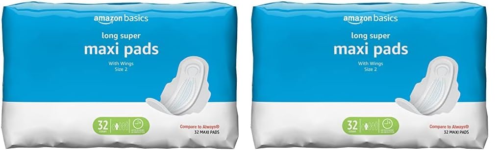 Amazon Basics Thick Maxi Pads with Flexi-Wings for Periods, Long Length, Super Absorbency, Unscented, Size 2, 32 Count, 2 Pack (Previously Solimo)