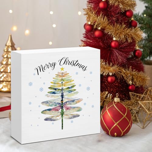 Image of Dragonfly Christmas Decor, Merry Christmas Wood Box Sign, Dragonfly Gifts for Women Men, Farmhouse Xmas Home Office Decorations for Desk Table Shelf 5 X 5 Inches