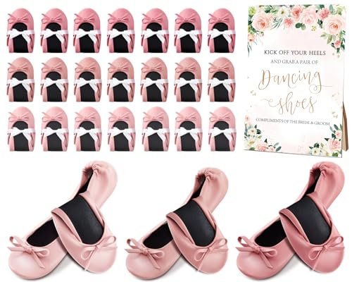Jecery 36 Pairs Bridal Shower Supplies Wedding Foldable Flat Set Ballerina Slippers Floral Party Signs Portable Travel Ballet Flat Bulk Wedding Dancing Shoes for Guests Bridesmaids
