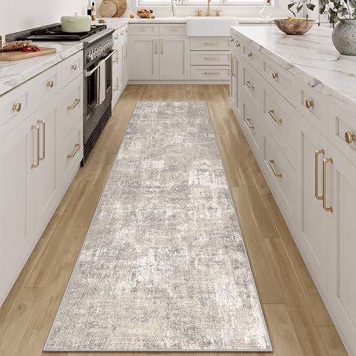 PureCozy Machine Washable Runner Rug 2x8 Beige Gray Neutral Hallway Indoor Accent Modern Abstract Kitchen Low Pile Carpet Non Slip Distressed Throw Area Rug Living Room Bedroom Office Dining Room