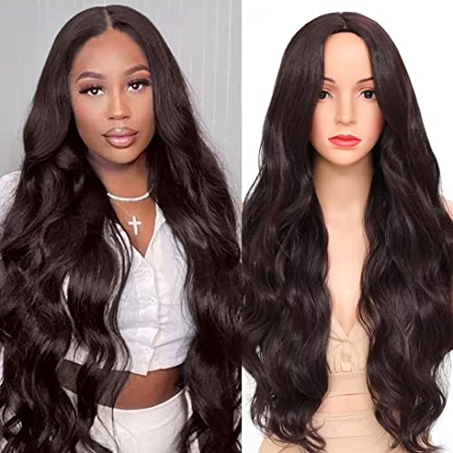 msloosily Dark 99j Middle Part Body Wave Synthetic Hair Wigs Long Wavy Synthetic Body Wave Wig For Women Heat Resistant Fiber For Daily Party Use(#dark 99j 28inch)