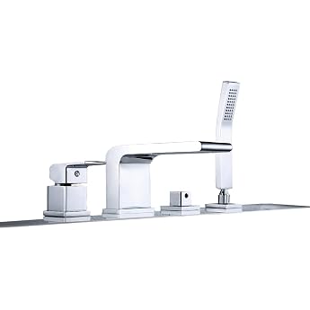 Bernstein 6080 Bath Edge Mixer Tap - 4-Hole Bathtub Mixer Tap Chrome Waterfall Design Single Lever Mixer Tap Solid Brass Finish Tile Edge Mounting Hand Shower with Anti-Limescale Nubs 1.5 m Hose