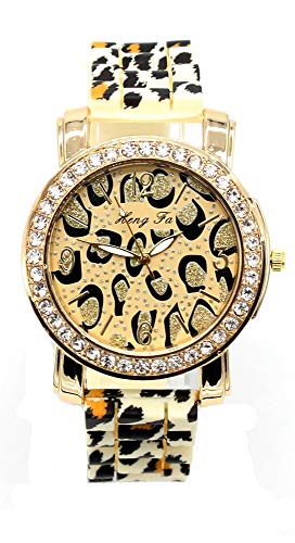 Preisvergleich Produktbild Dielay Damenuhr - Leopardenmuster - Kautschukband - Gehäuse 40 mm - Quarz (Gold-Braun)