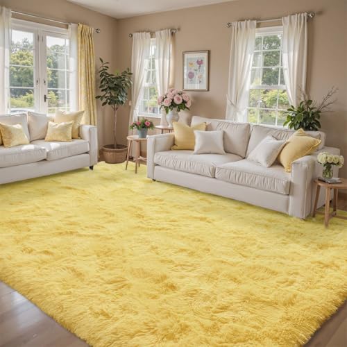 8x10 Area Rugs for Living Room Shag Fluffy Rug Bedroom Plush Carpet Non Slip for Nursery Kids PlayRoom Home Decor Aesthetic,Light Yellow