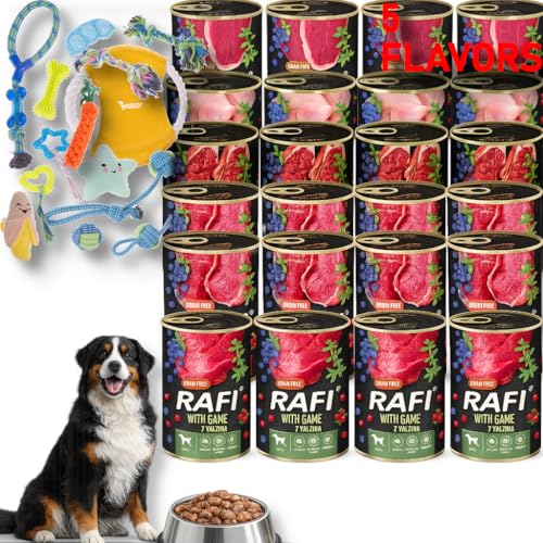 RAFI Nourriture Humide pour Chien 24x400g Lot de 5 SAVEURS, canard, caille, agneau, gibier, bœuf + KIT DE JOUETS