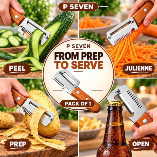 Image of Vegetable Peeler for Kitchen with Stainless Steel Single Blade, Wooden Handle Fruit and Vegetable Peeler Tool with Bottle Opener Function, Manual Peeler for Daily Cooking Use