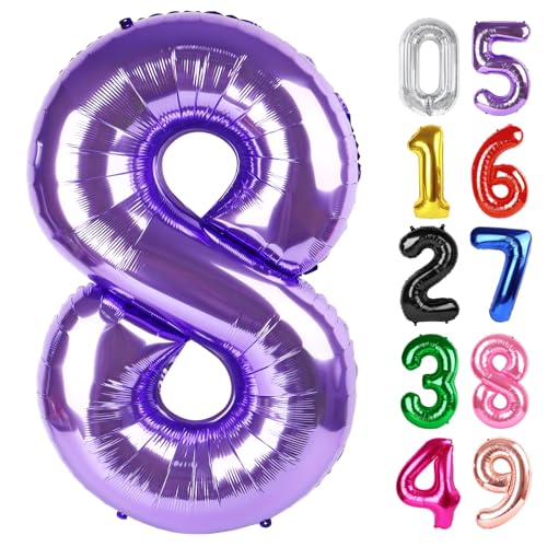 Image of Purple Number 8 Balloon 40 Inch, 8th Birthday Party Decorations, Giant 8 Foil Balloon for Party Supplies