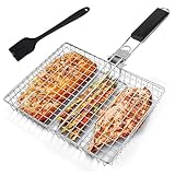 Grillkorb Edelstahl mit Holzgriff - 32 * 22.5 * 4cm Große Edelstahl-Grillkorb für Camping & BBQ, Faltbare BBQ Grill Mesh Klemme mit Oxford-Tasche Tragbarer Fischgrillgitter für Fisch, Gemüse, Garnelen